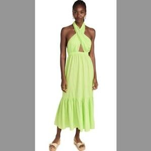 Playa Lucila Dress Women's S Halter Lime Green Midi Tiered Vibrant Neon Tropical